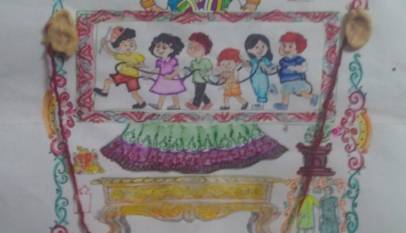 Hand-drawn Ahoi Mata chart with children and festive borders used for Ahoi Ashtami puja