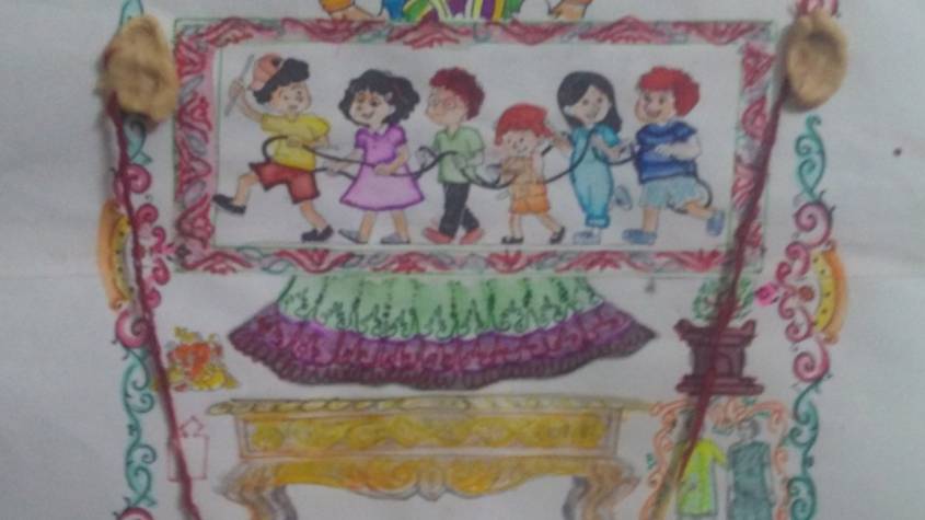 Hand-drawn Ahoi Mata chart with children and festive borders used for Ahoi Ashtami puja