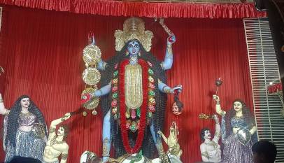 Kali idol inside a decorated Kali Puja pandal in Kolkata